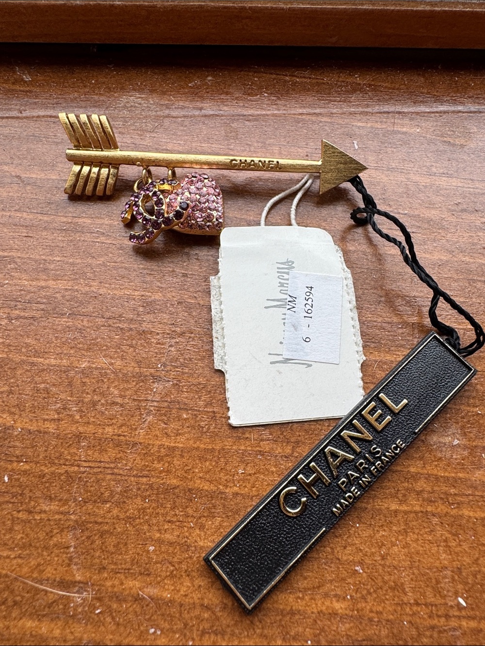 CHANEL Gold Arrow Brooch with Pink Crystal CC and Heart Charms